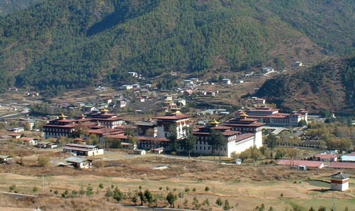 A view over looking the capitol buildings in Thimpu.